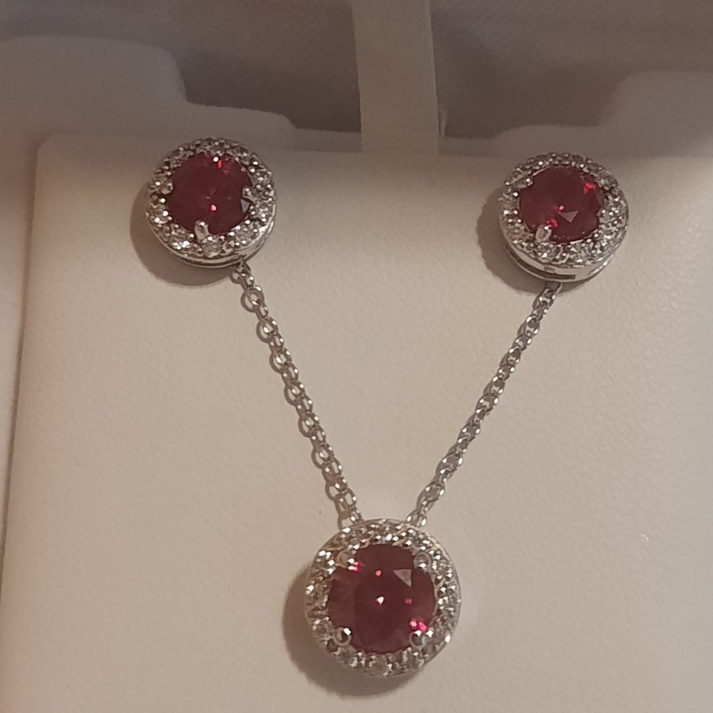Sterling Silver Lab Created Ruby with CZ set of pendant and earrings